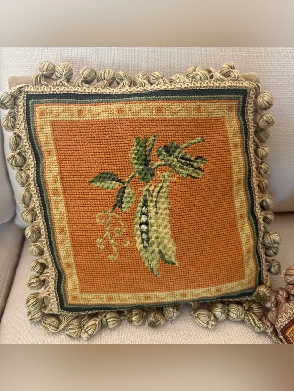 Pair Needlepoint Botanical Pillows Velvet Back Down Inserts with Tassel Trim